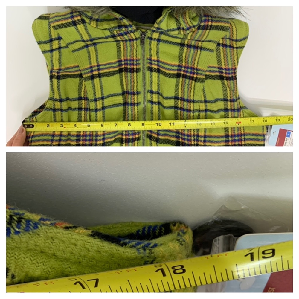 Mossimo Supply Co Retro Lime Green Blue Multi Plaid Full Zip Vest Faux Fur Hood - Picture 13 of 15